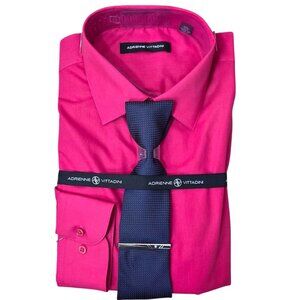 Adrienne Vittadini Men's Pink Dress Shirt Navy Tie 2 Piece Set Size Medium New